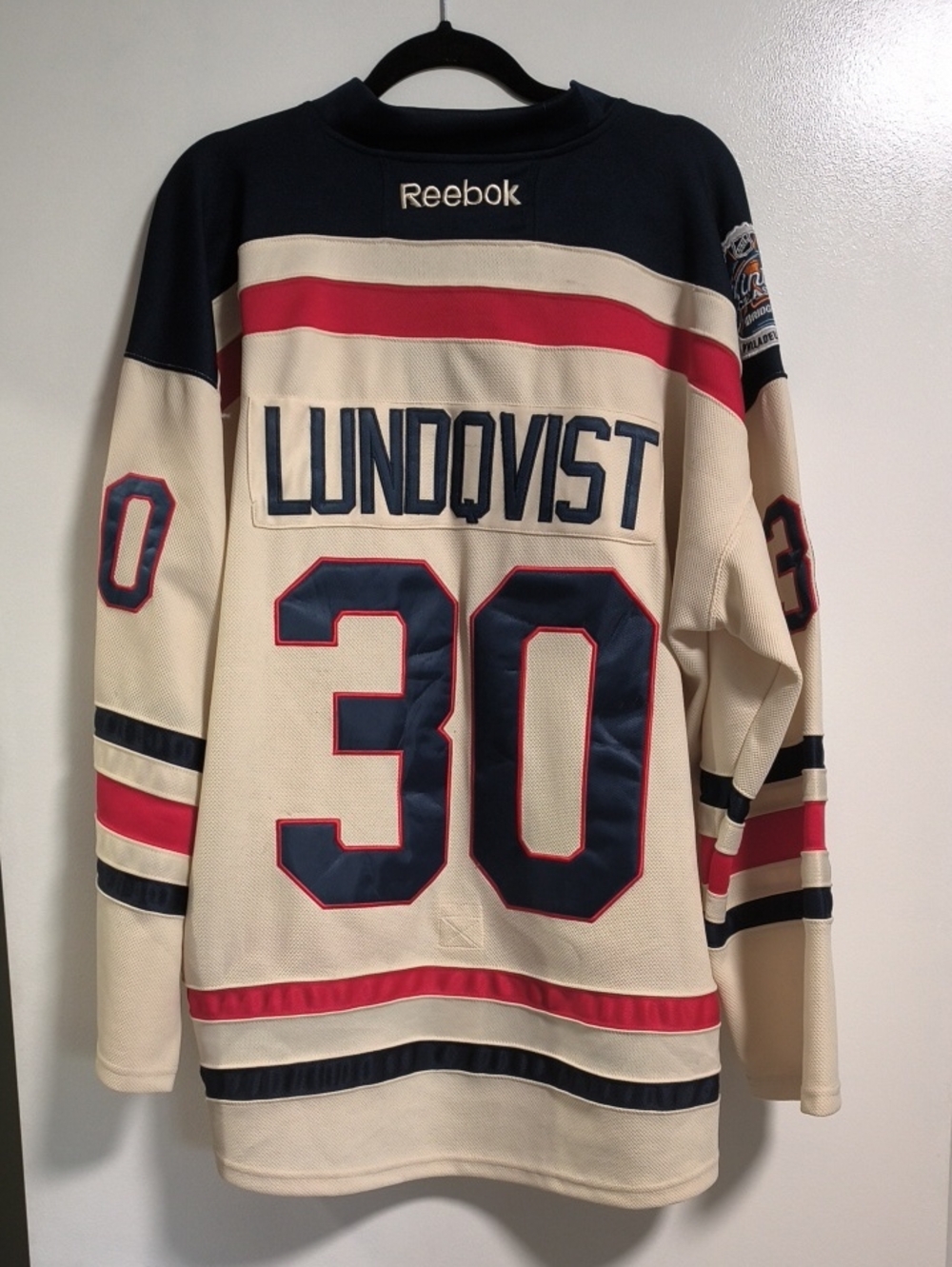 NYR Reebok Cream, Navy & Red Lundqvist #30 Menโs Hockey Jersey